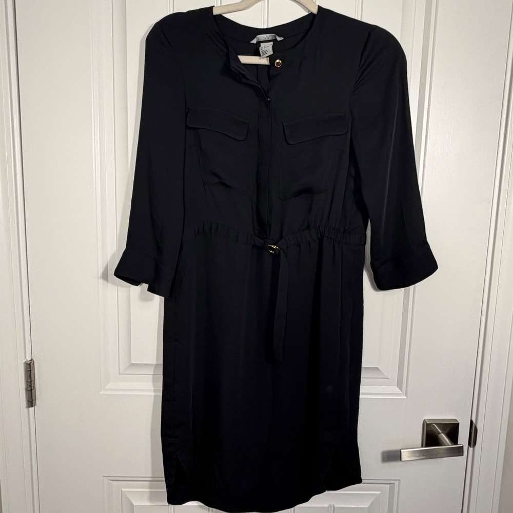H&M Black Utility Shirt Dress Women's US 2 Long Sleeve Gold Hardware Belted Midi